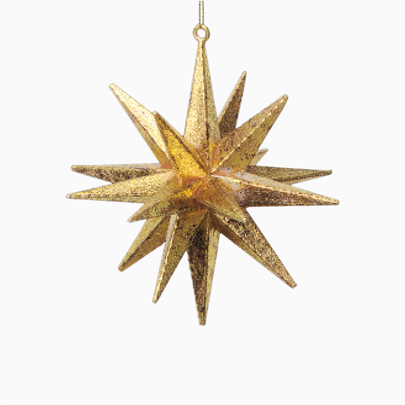 スタイリッシュで華やかなゴールドの星型オーナメント。クリスマスツリー装飾やホリデーシーズンの空間装飾に最適。