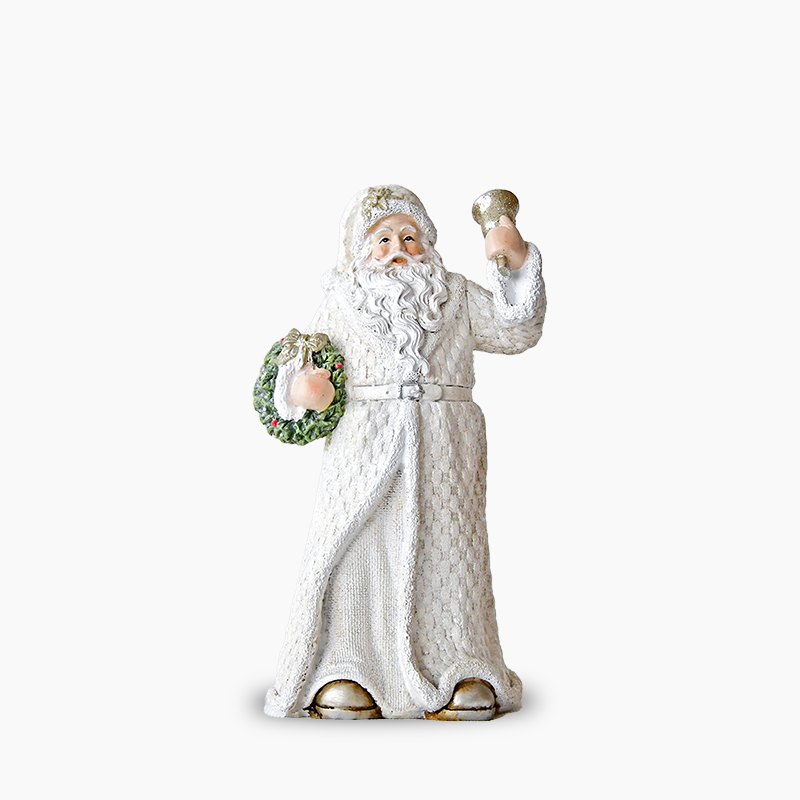 ベルとリースを持った陽気なサンタクロースのオブジェ。カウンターや卓上のクリスマスデコレーションに最適なサイズ。