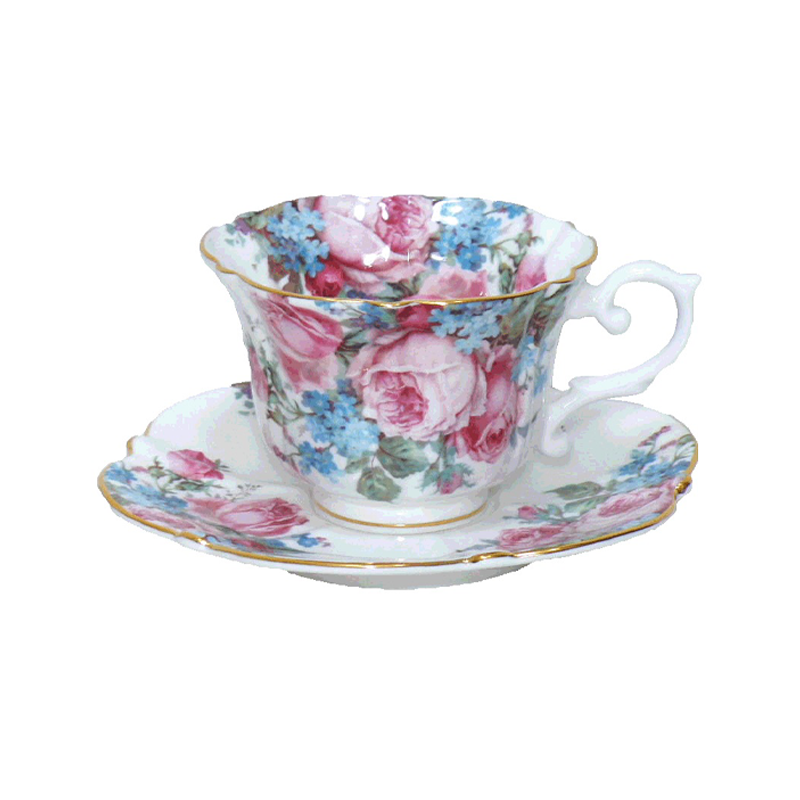 ピンクのローズと水色の小花柄、ロイヤルアーデンのカップアンドソーサー。