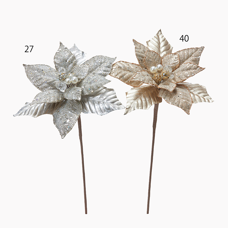 ラメポインセチアピック L65cm シルバー シャンパンゴールド クリスマス造花 アーティフィシャルフラワー